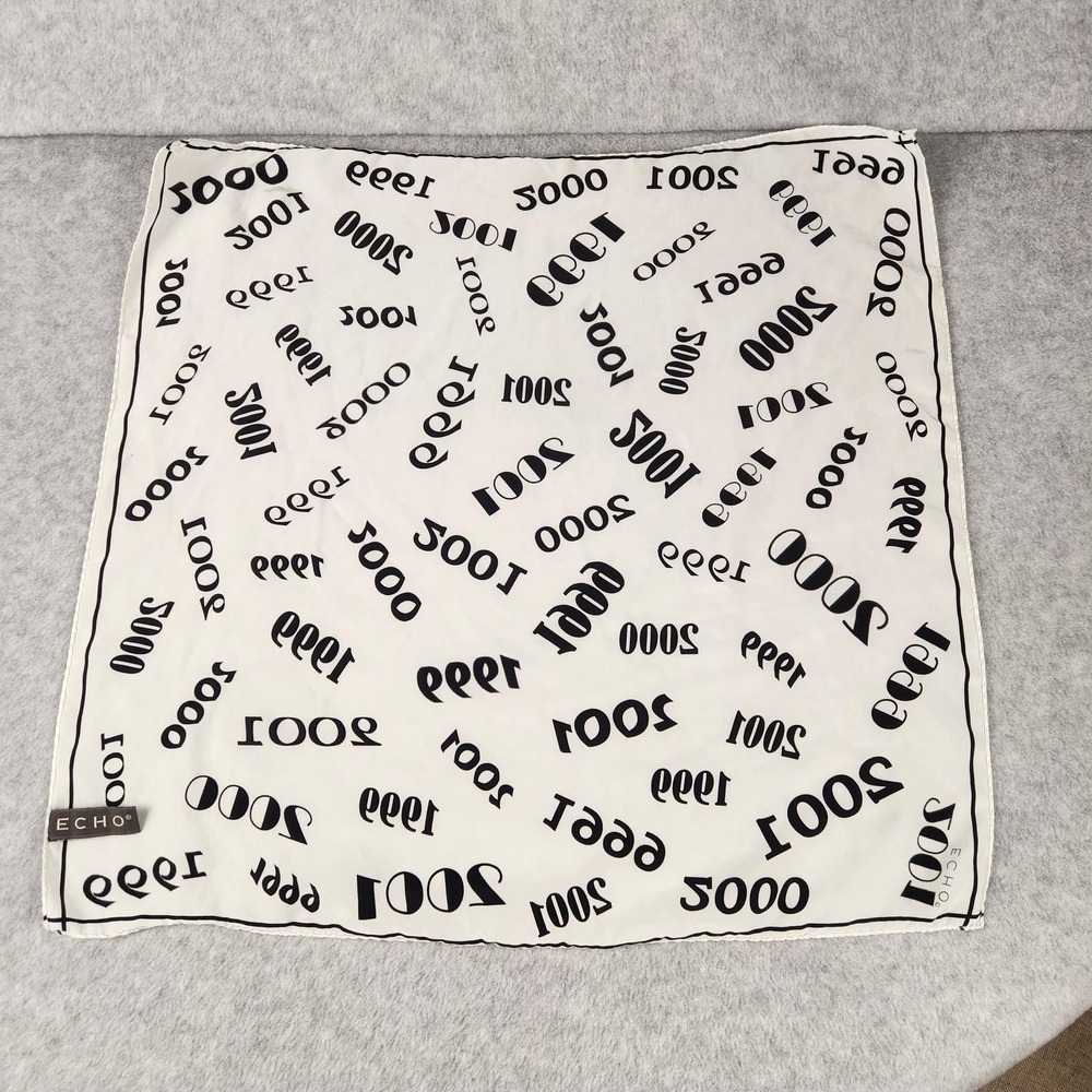 Echo Scarf Womens Square White Black 100% Silk Graphic‎ Print Logo Neckerchief